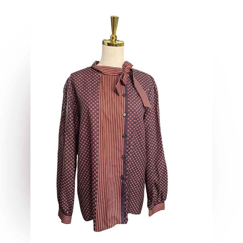 Vintage Jo Hardin Stripes and Polka Dots Button Down Bow Blouse Size XL